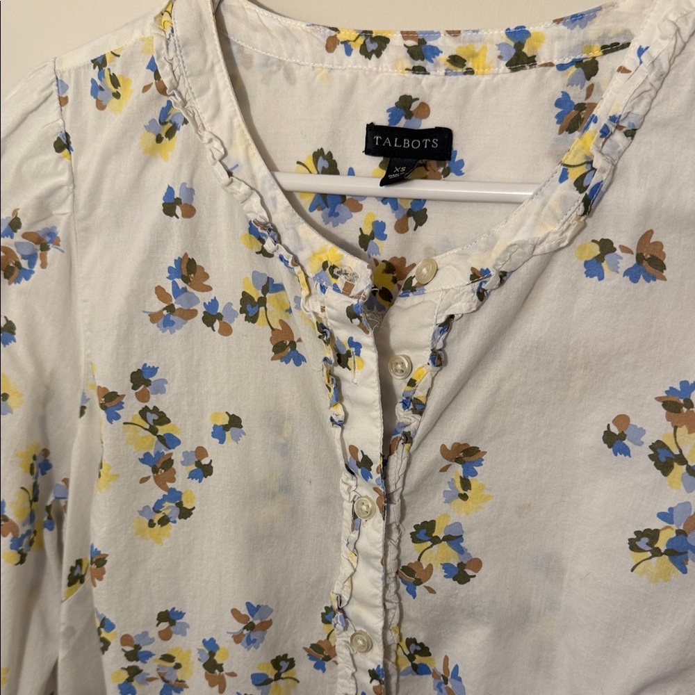 Talbots White Floral Ruffle-Trim Button Blouse - Picture 3 of 4